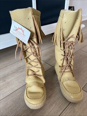 Fringe Lace-Up Tall Moccasin Boots in Mustard Yellow